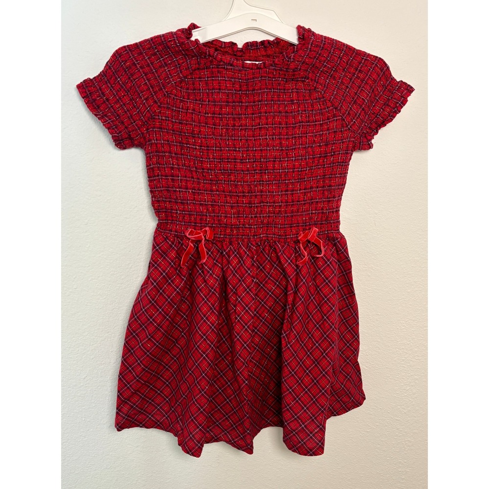 Old Navy Girls Red Plaid Smocked Holiday Dress XL 14-16 Velvet Bows Gold Lurex